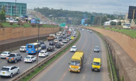 Vehicles on the busy Thika superhighway around Mountain Mall.